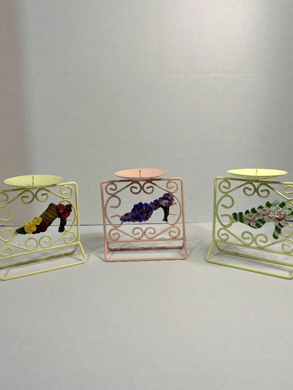 Vintage Shabby Chic Wire Candle Holders with Shoe Design